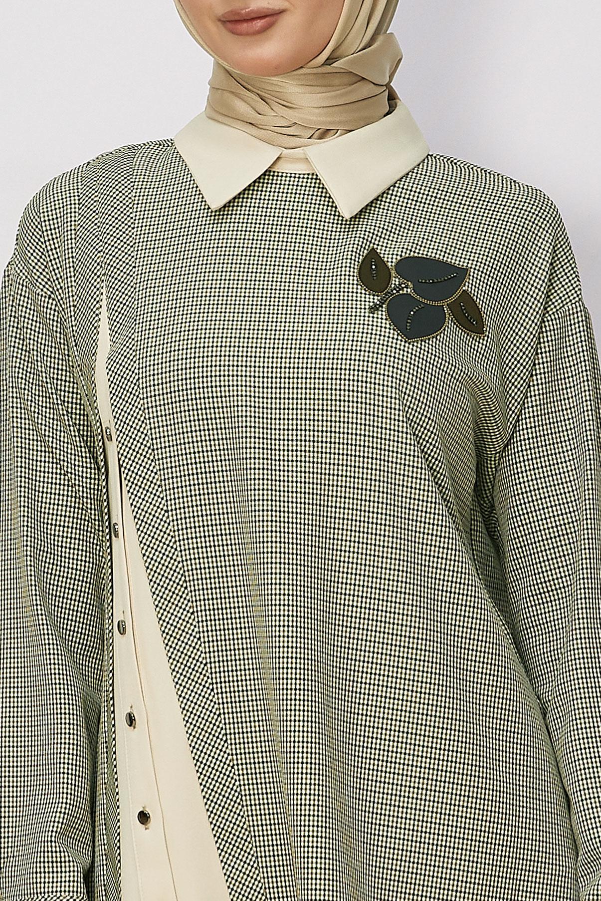 Tesettür giyim HAKİ GÖMLEK YAKA EKOSE TUNİK 46125