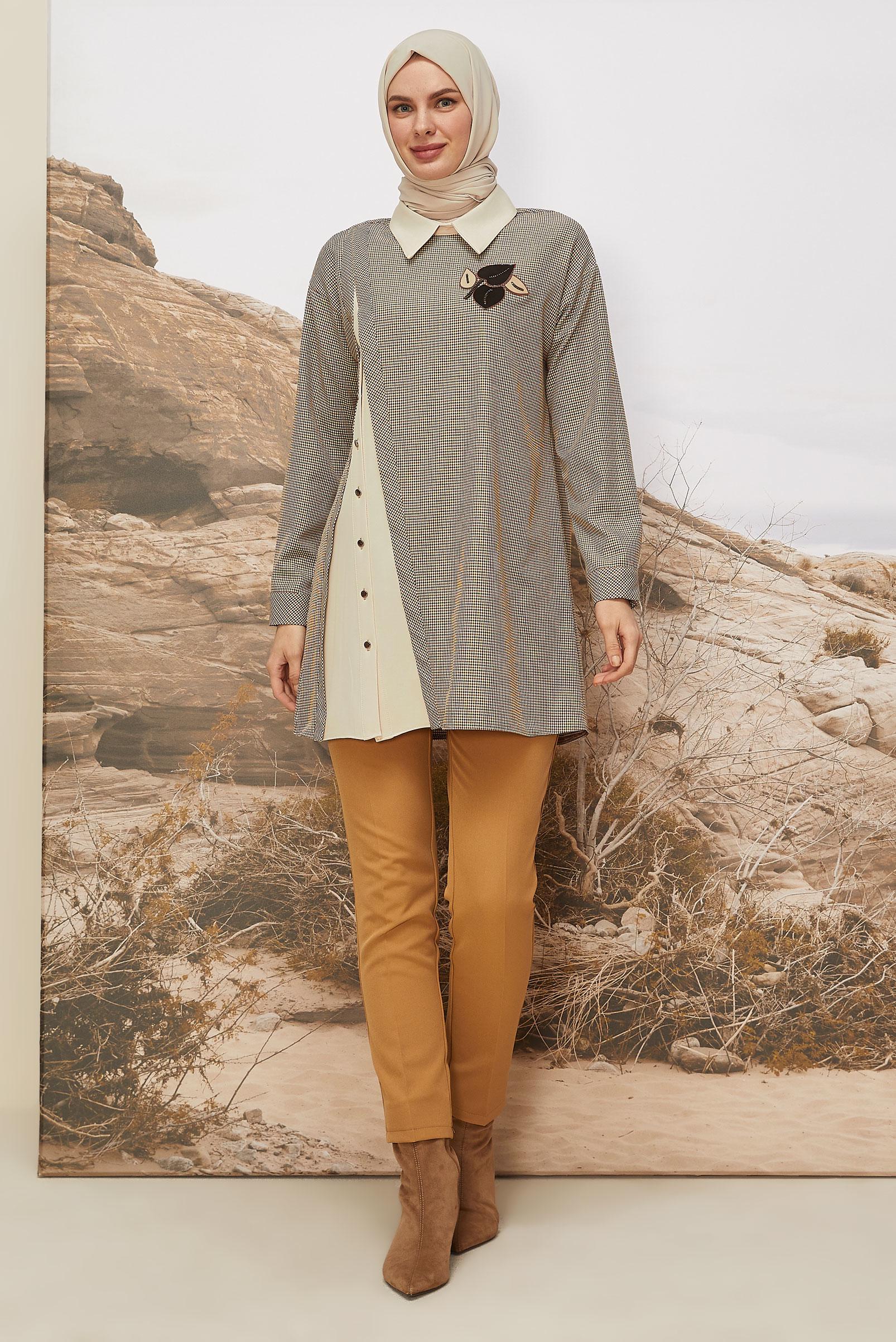 Hijab clothing ORANGE SHIRT COLLAR PLAID TUNIC 46125