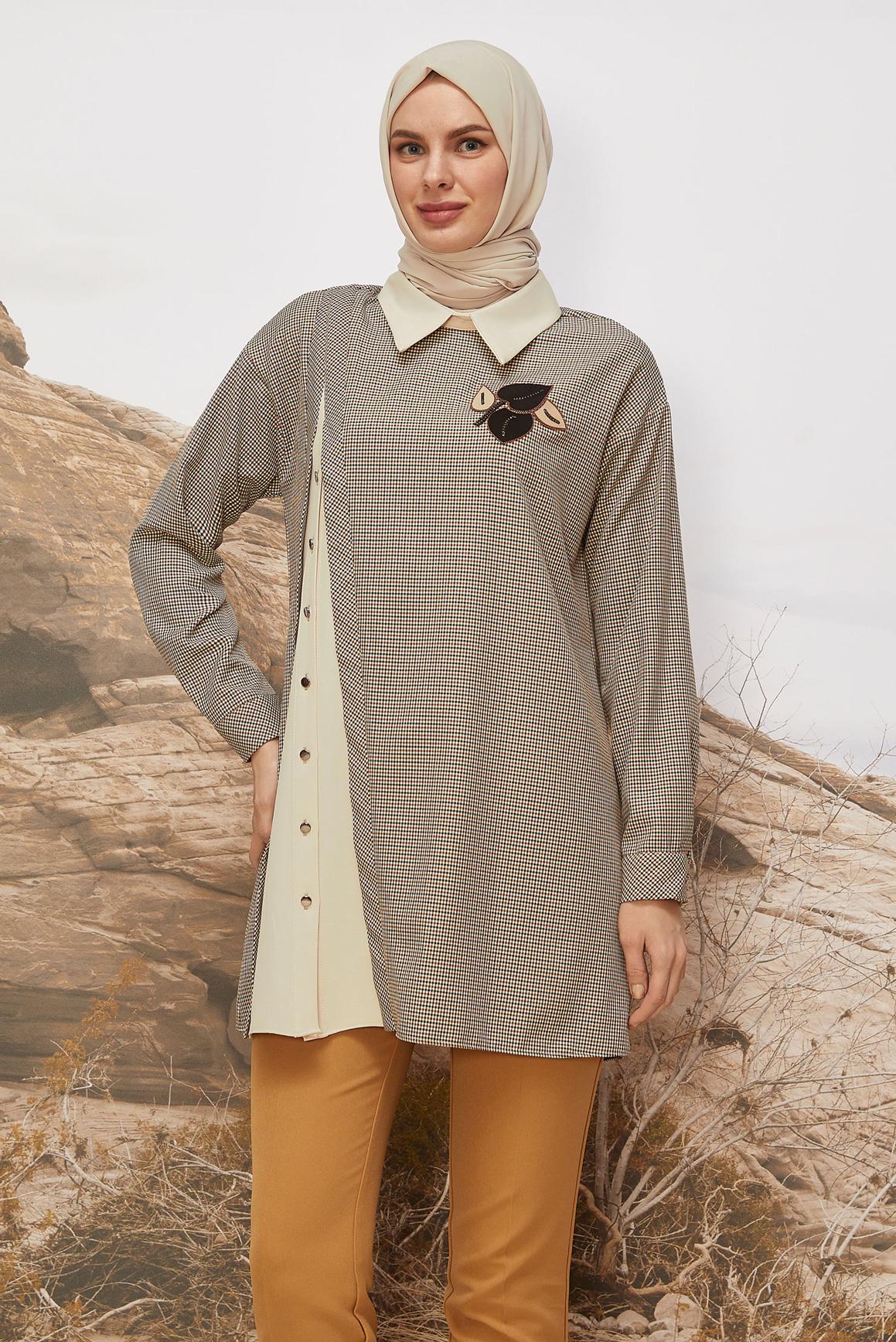 Hijab clothing ORANGE SHIRT COLLAR PLAID TUNIC 46125