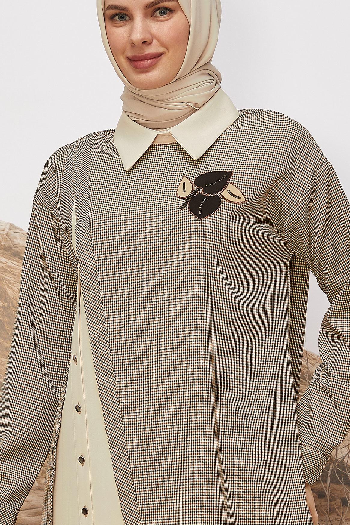 Hijab clothing ORANGE SHIRT COLLAR PLAID TUNIC 46125