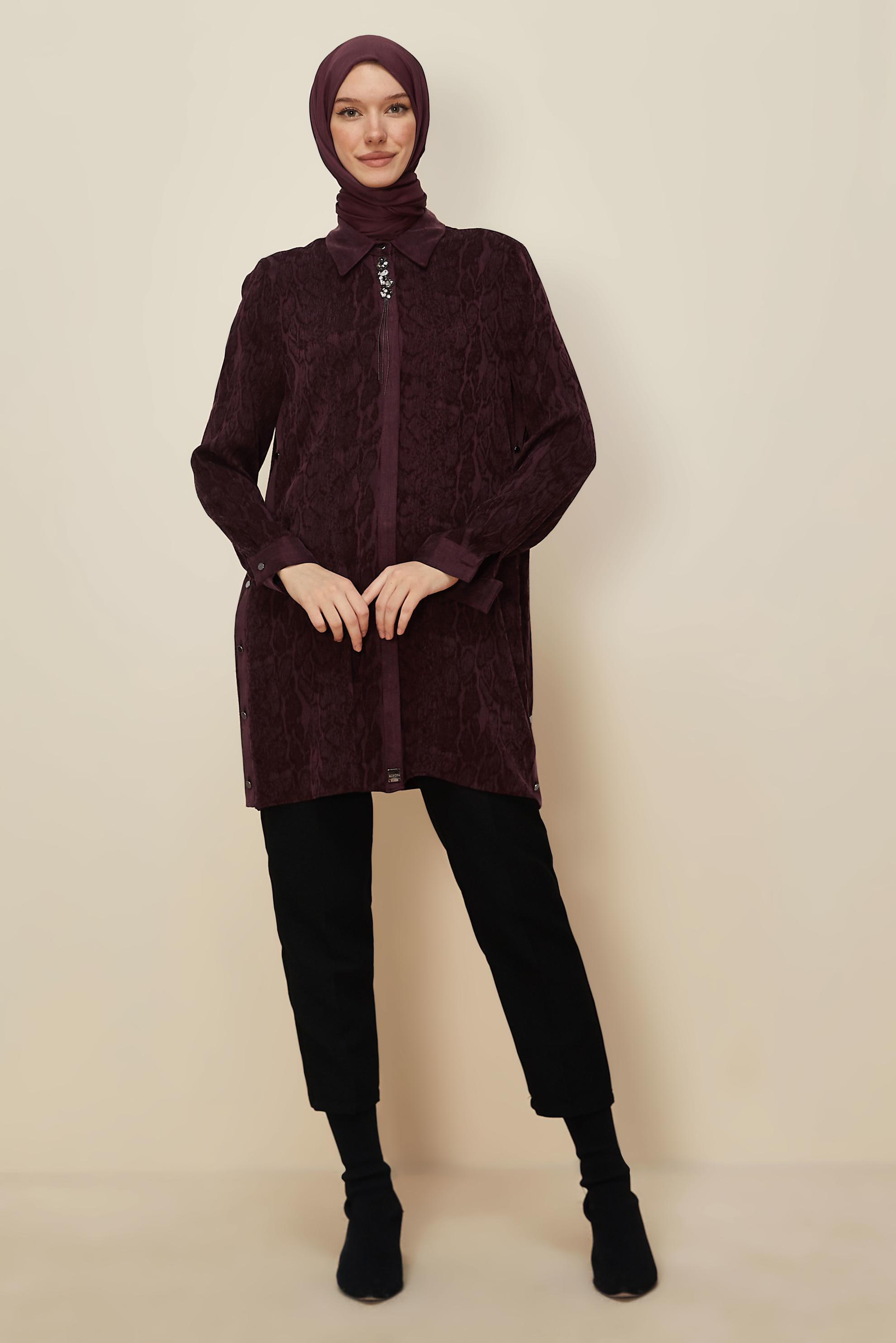 Tesettür giyim BORDO GÖMLEK YAKA TUNİK 46128