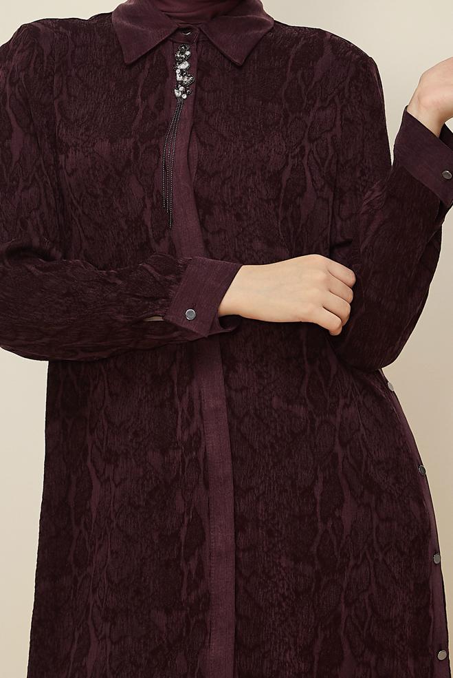 Tesettür giyim BORDO GÖMLEK YAKA TUNİK 46128 - ALVİNA