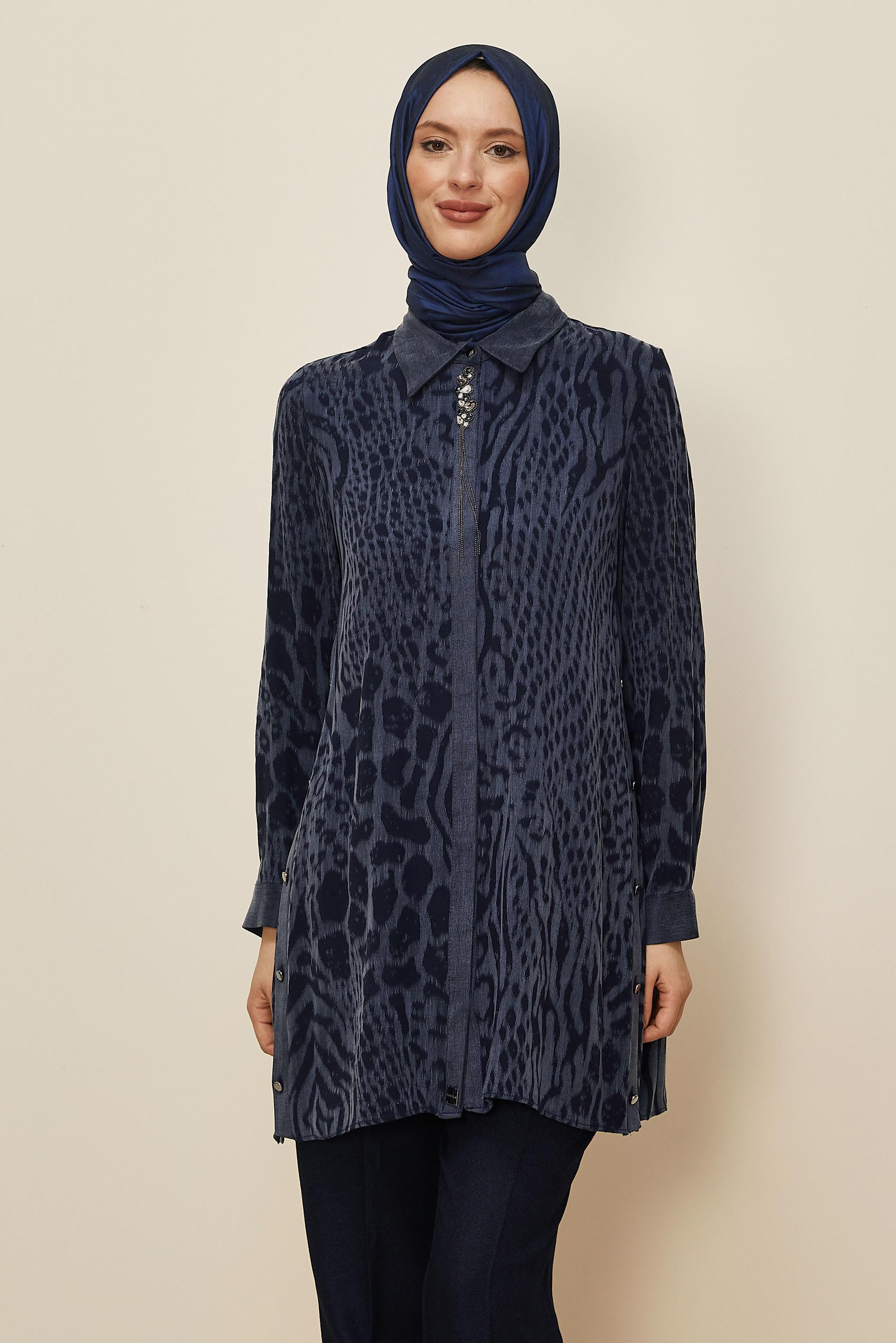 Tesettür giyim LACİVERT GÖMLEK YAKA TUNİK 46128-1