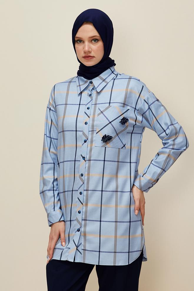 Vêtements hijab BLEU TUNIQUE À CARREAUX 46132 - ALVİNA