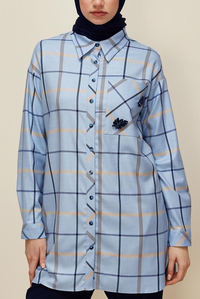 Vêtements hijab BLEU TUNIQUE À CARREAUX 46132 - ALVİNA