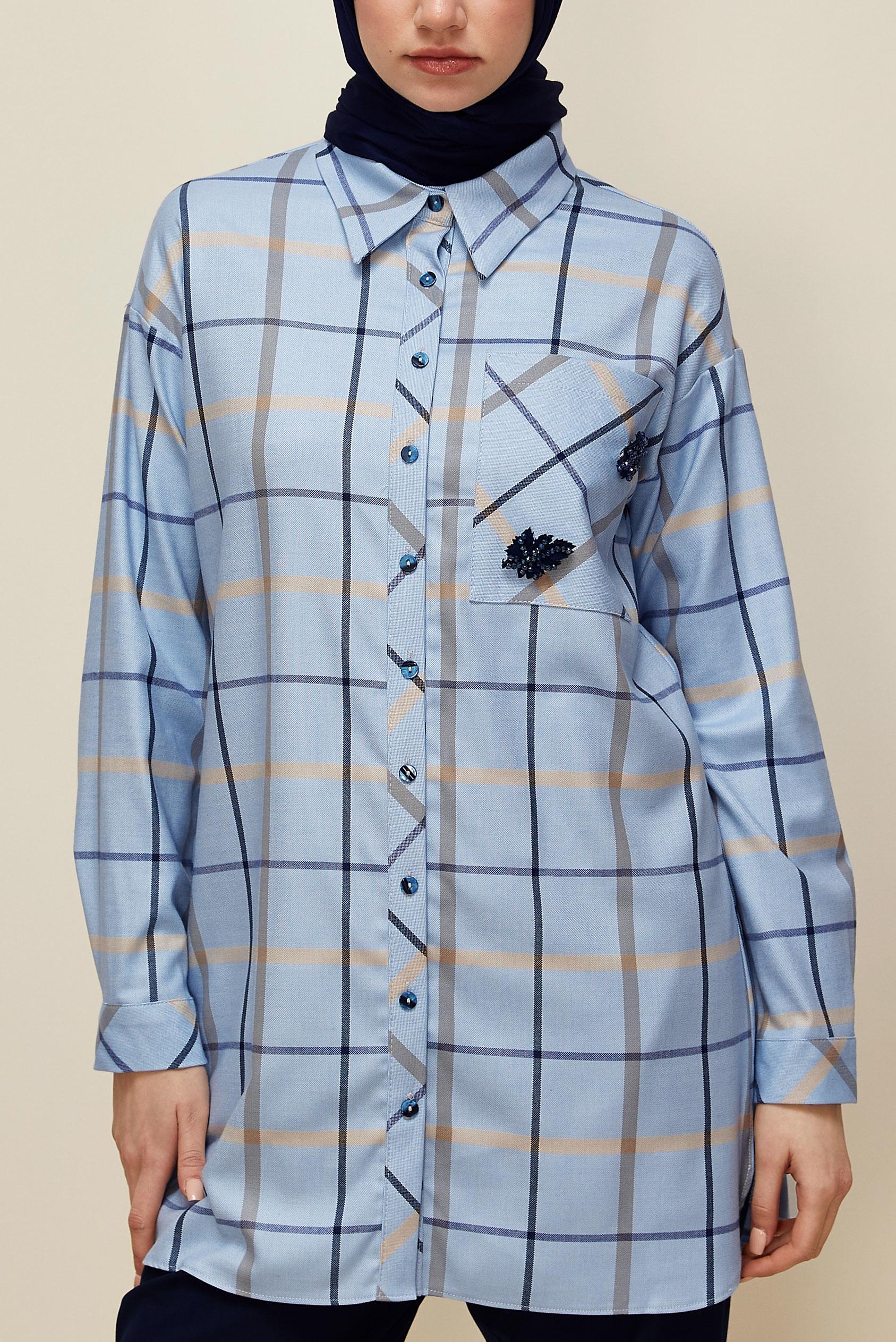 Tesettür giyim MAVİ EKOSE TUNİK 46132