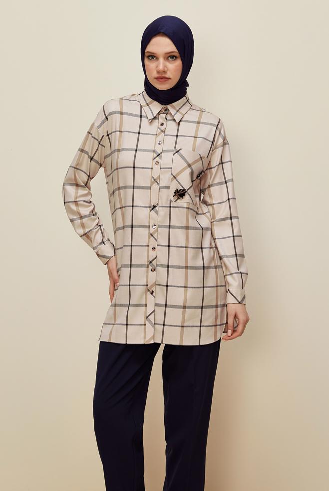 Vêtements hijab BRUN TUNIQUE À CARREAUX 46132 - ALVİNA
