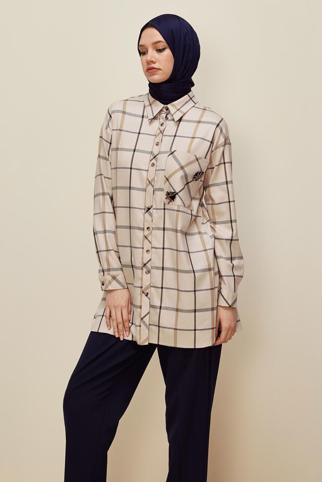 Vêtements hijab BRUN TUNIQUE À CARREAUX 46132 - ALVİNA