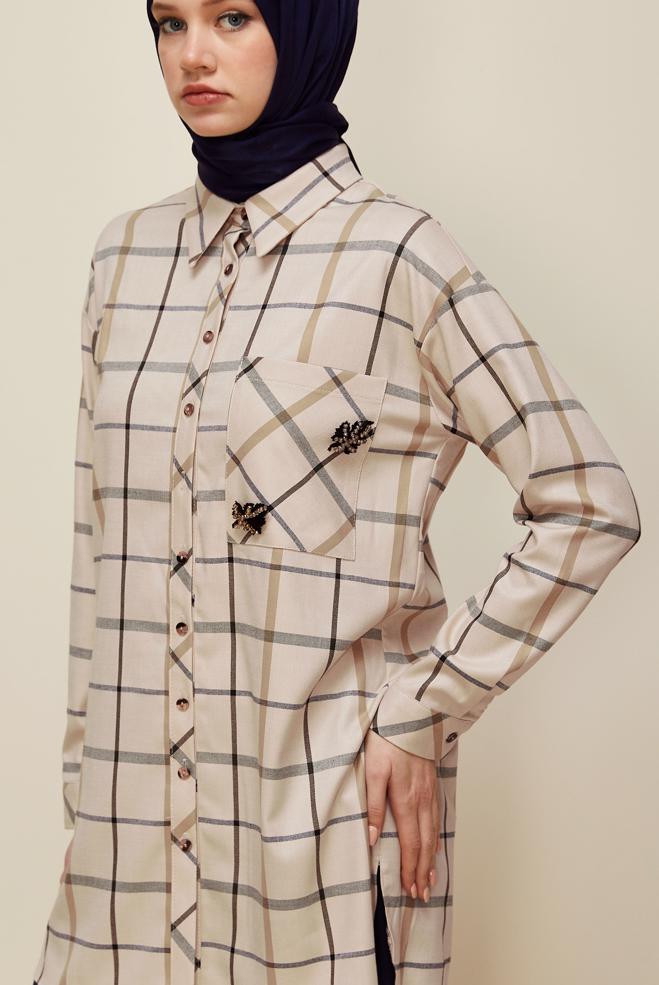 Vêtements hijab BRUN TUNIQUE À CARREAUX 46132 - ALVİNA