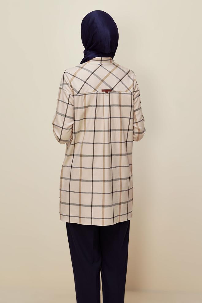 Vêtements hijab BRUN TUNIQUE À CARREAUX 46132 - ALVİNA