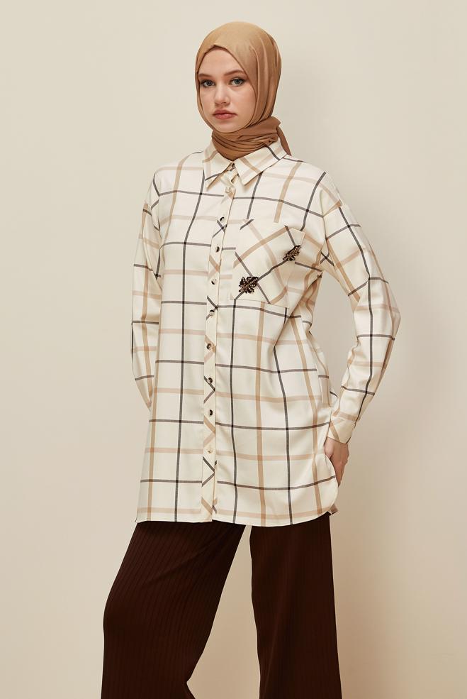 Vêtements hijab ÉCRUE TUNIQUE À CARREAUX 46132 - ALVİNA