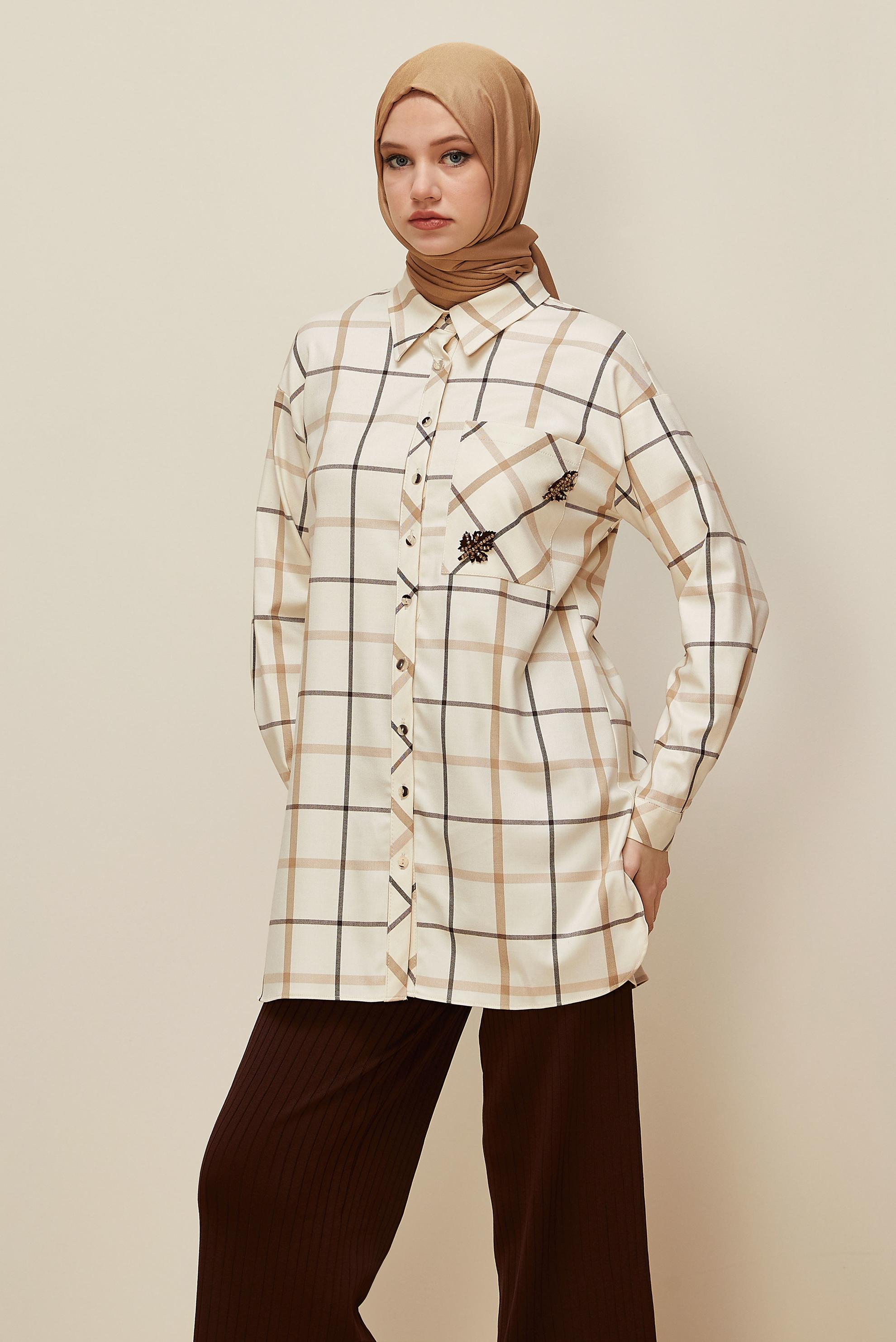 Tesettür giyim EKRU EKOSE TUNİK 46132