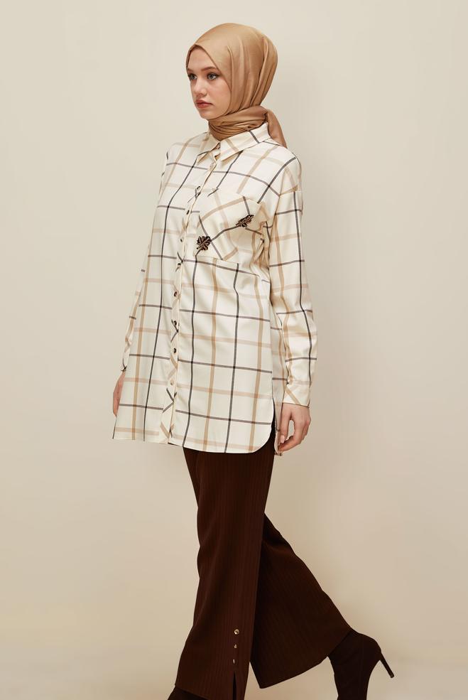 Vêtements hijab ÉCRUE TUNIQUE À CARREAUX 46132 - ALVİNA