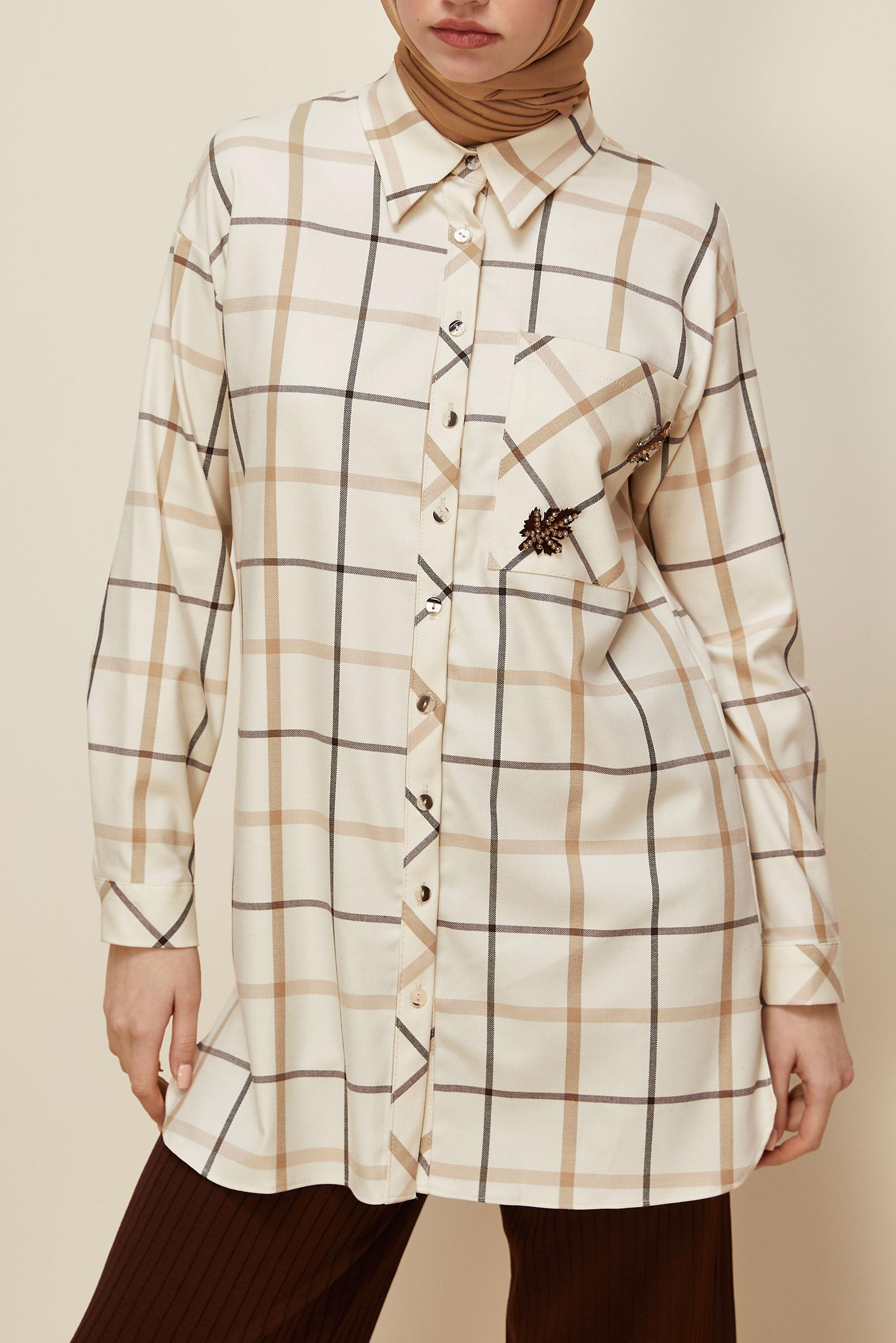 Tesettür giyim EKRU EKOSE TUNİK 46132