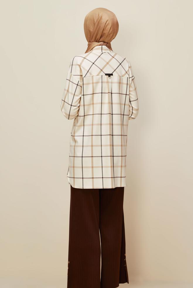 Vêtements hijab ÉCRUE TUNIQUE À CARREAUX 46132 - ALVİNA