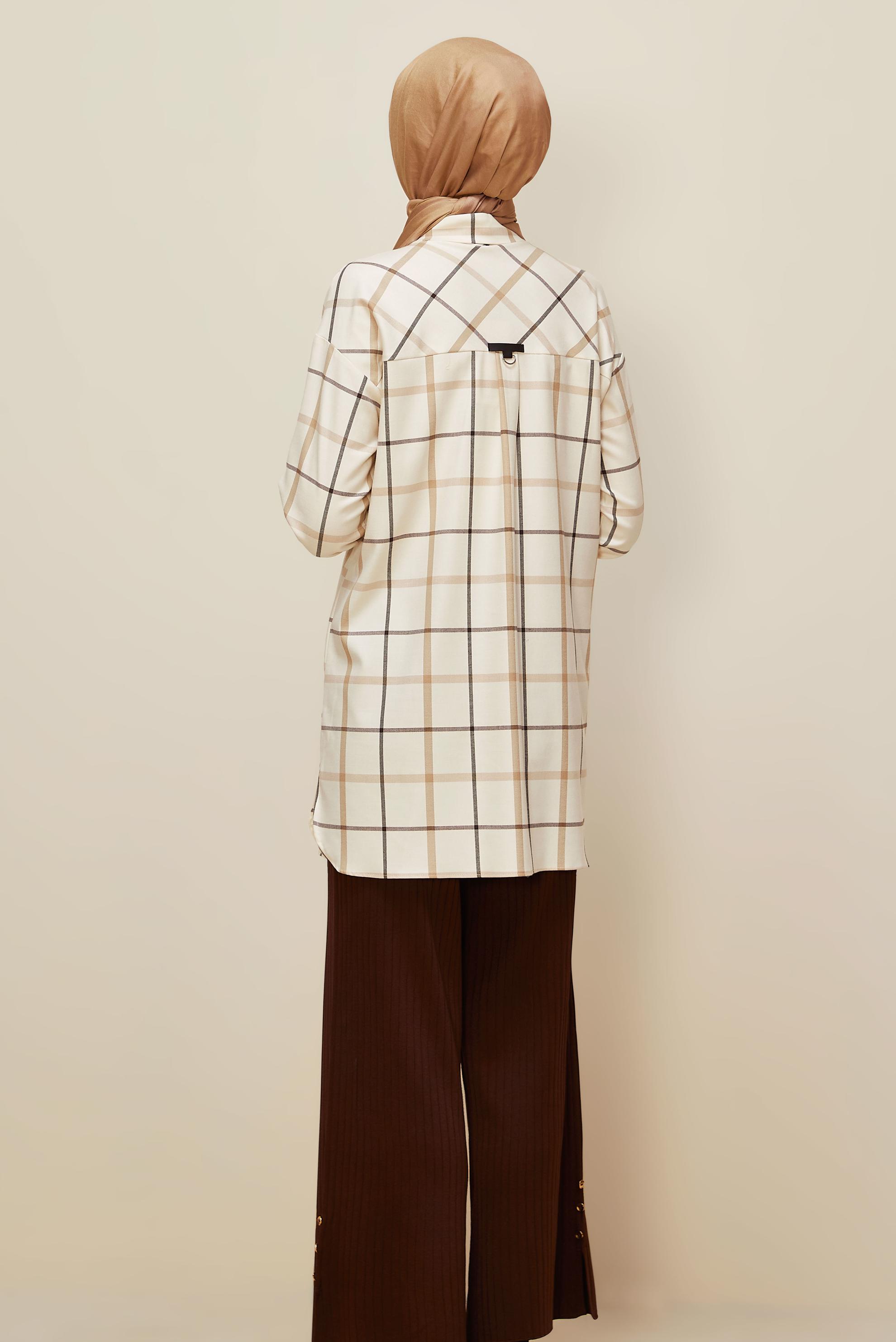 Tesettür giyim EKRU EKOSE TUNİK 46132