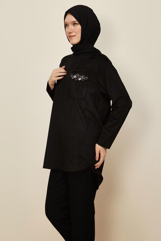 Tesettür giyim SİYAH SÜET TUNİK 46136 - ALVİNA