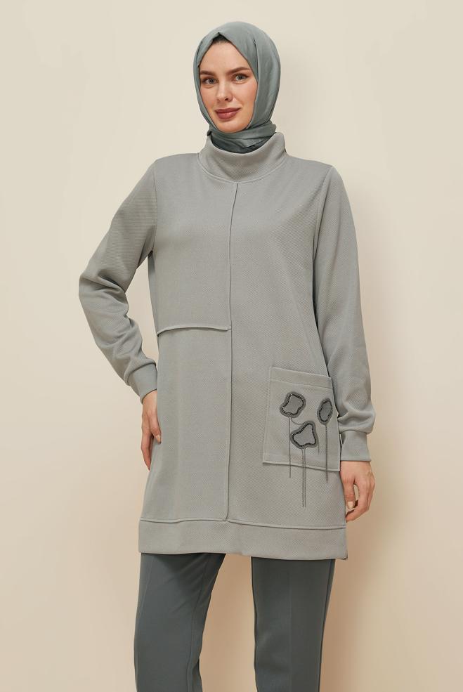 Tesettür giyim GRİ BONCUK İŞLEMELİ EŞOFMAN TUNİK 46155 - ALVİNA