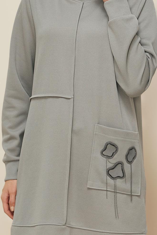 Tesettür giyim GRİ BONCUK İŞLEMELİ EŞOFMAN TUNİK 46155 - ALVİNA