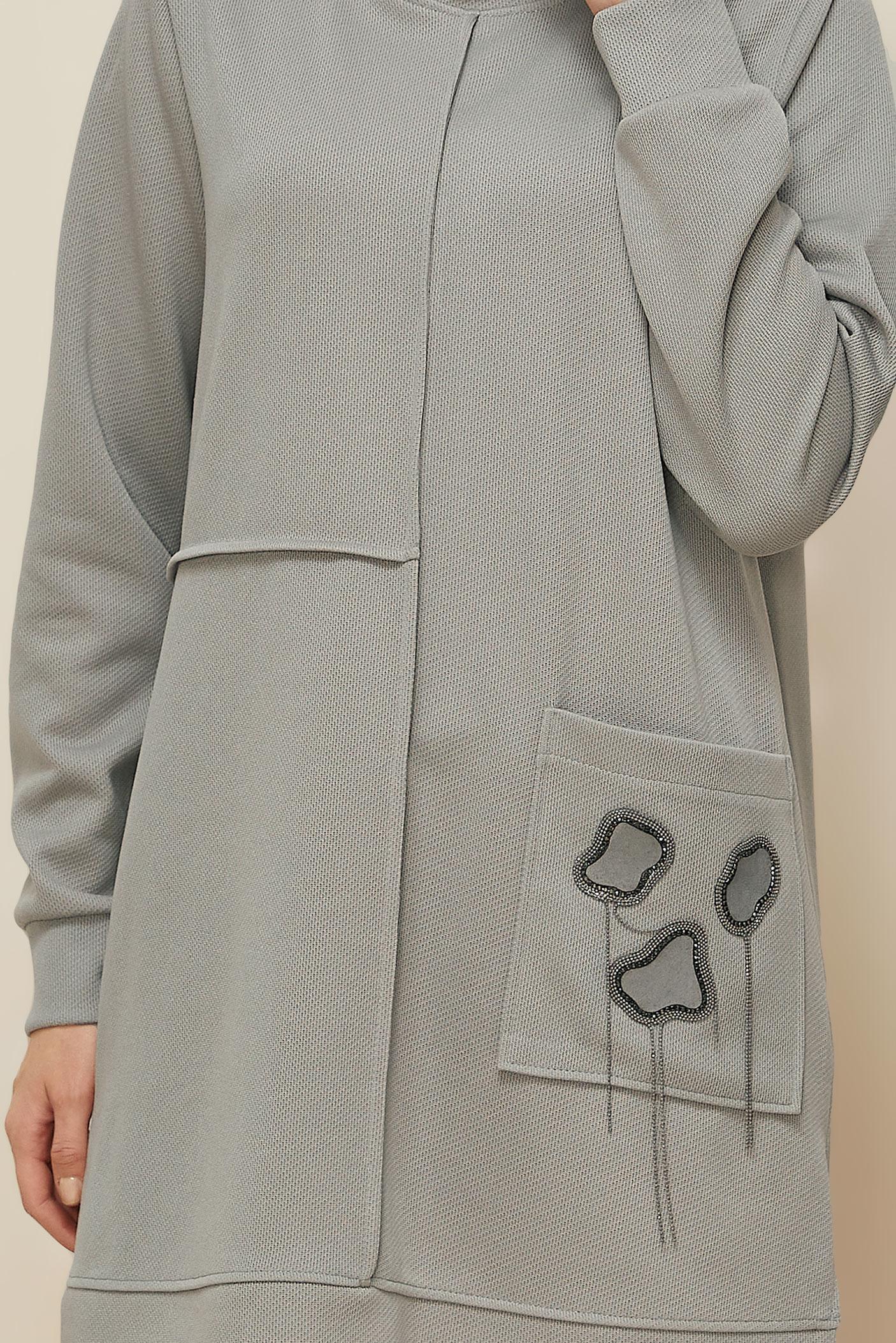 Tesettür giyim GRİ BONCUK İŞLEMELİ EŞOFMAN TUNİK 46155