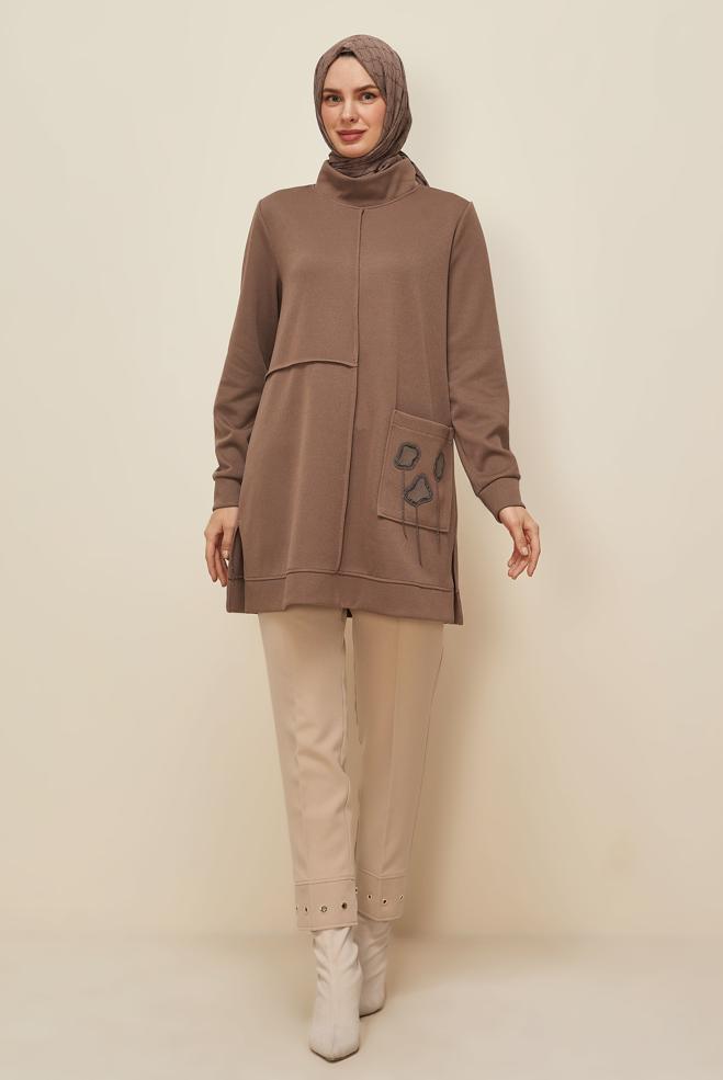 Tesettür giyim KAHVE BONCUK İŞLEMELİ EŞOFMAN TUNİK 46155 - ALVİNA