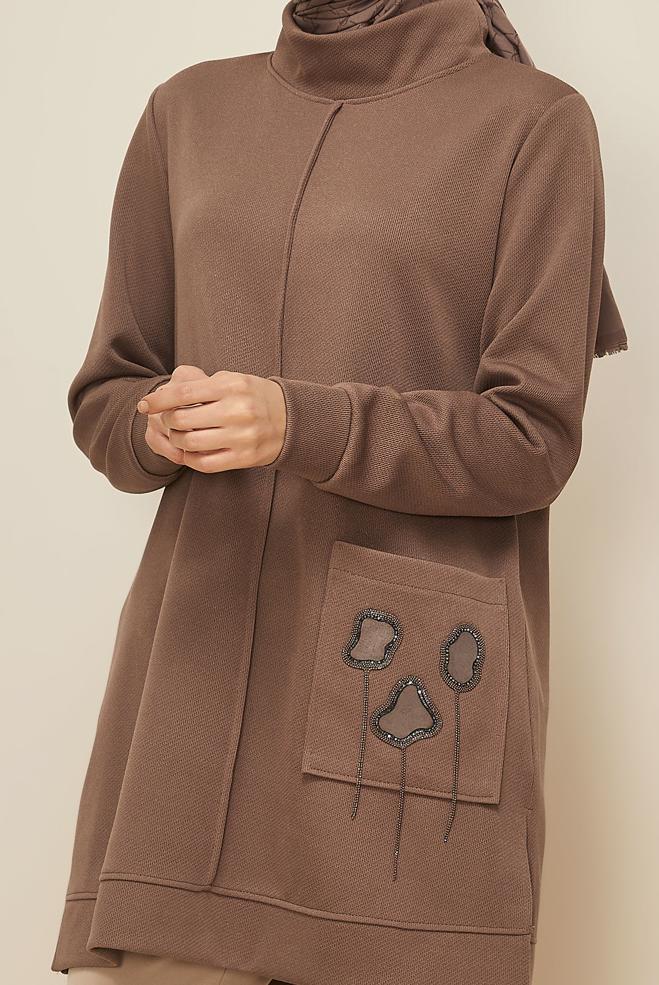 Tesettür giyim KAHVE BONCUK İŞLEMELİ EŞOFMAN TUNİK 46155 - ALVİNA