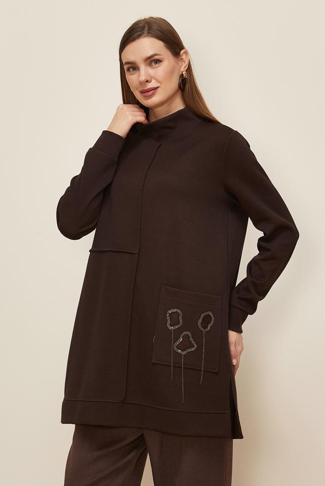 Tesettür giyim KAHVE BONCUK İŞLEMELİ EŞOFMAN TUNİK 46155 - ALVİNA