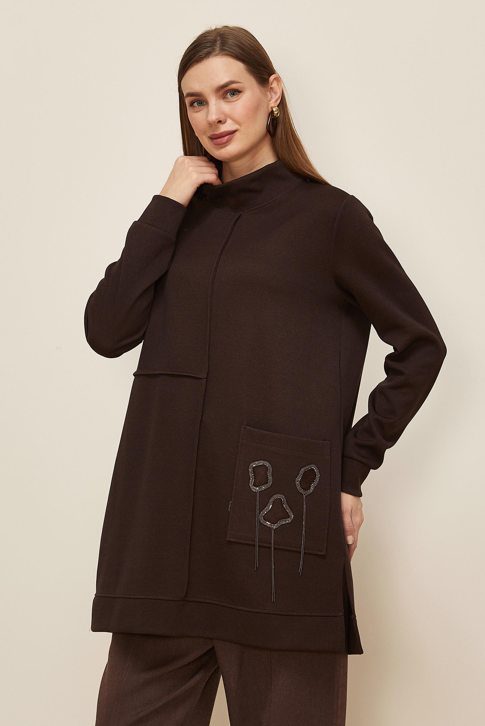 Tesettür giyim KAHVE BONCUK İŞLEMELİ EŞOFMAN TUNİK 46155