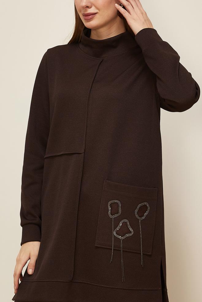 Tesettür giyim KAHVE BONCUK İŞLEMELİ EŞOFMAN TUNİK 46155 - ALVİNA