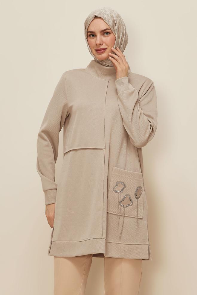 Tesettür giyim BEJ BONCUK İŞLEMELİ EŞOFMAN TUNİK 46155 - ALVİNA