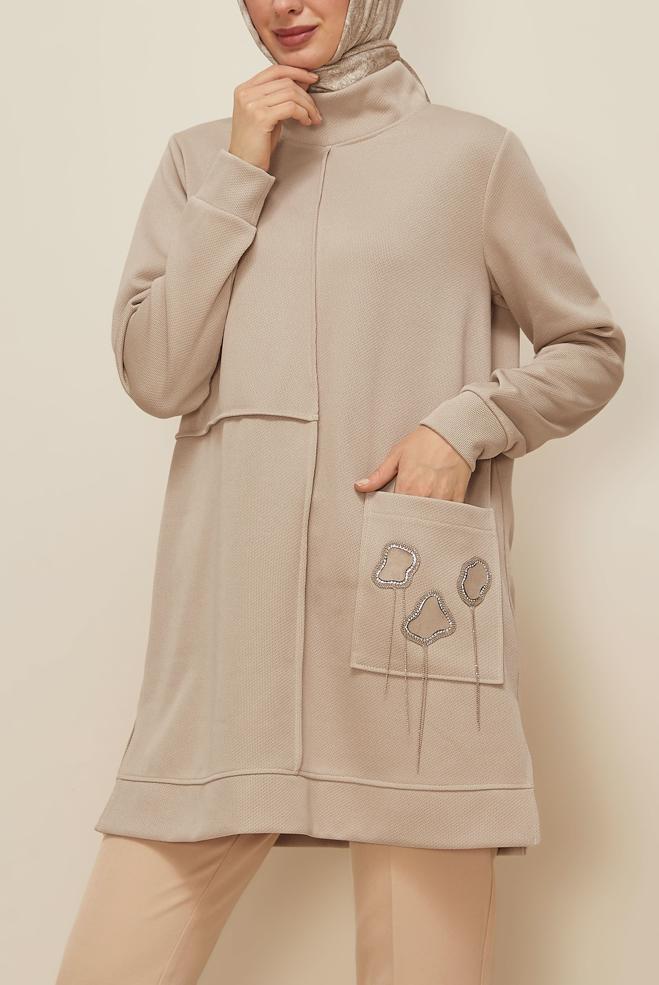 Tesettür giyim BEJ BONCUK İŞLEMELİ EŞOFMAN TUNİK 46155 - ALVİNA