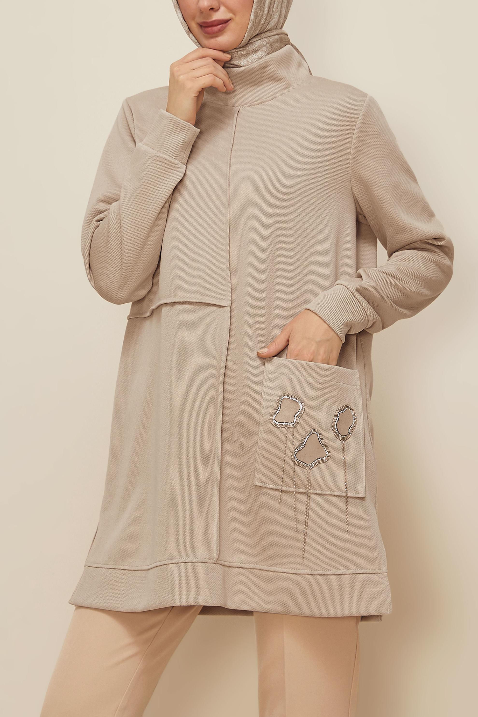 Tesettür giyim BEJ BONCUK İŞLEMELİ EŞOFMAN TUNİK 46155