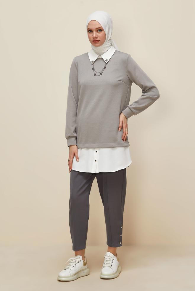 Tesettür giyim GRİ ZİNCİR DETAYLI TUNİK 46158 - ALVİNA