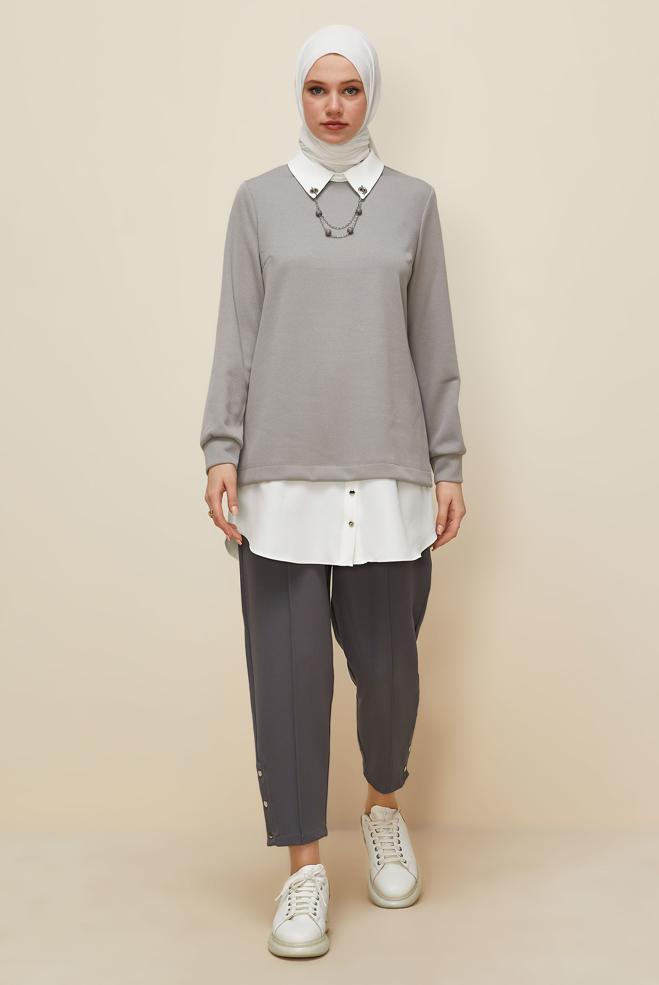 Tesettür giyim GRİ ZİNCİR DETAYLI TUNİK 46158 - ALVİNA