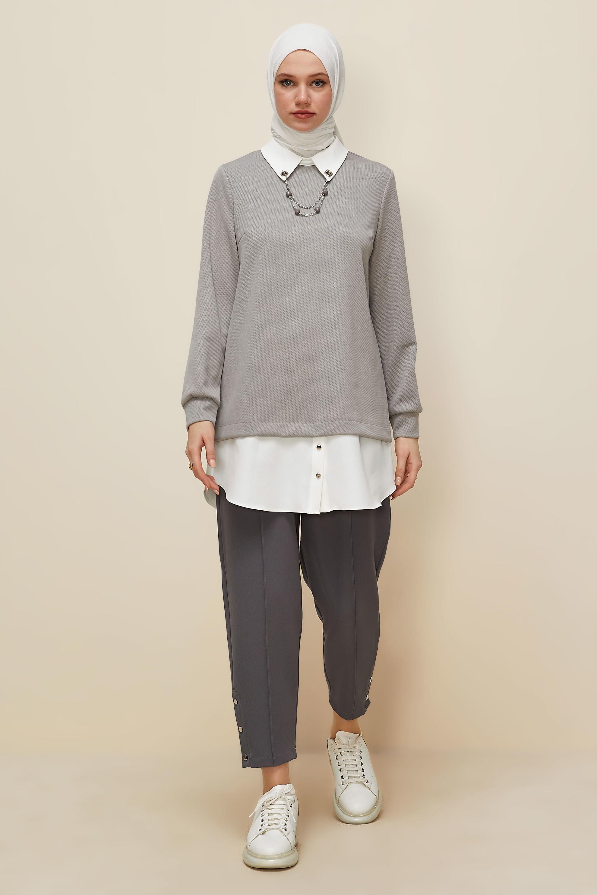 Tesettür giyim GRİ ZİNCİR DETAYLI TUNİK 46158