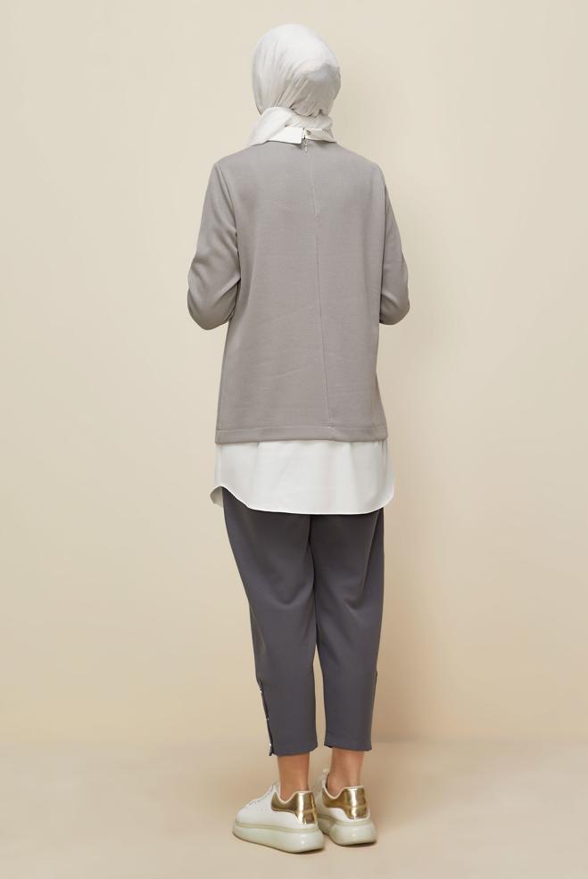 Tesettür giyim GRİ ZİNCİR DETAYLI TUNİK 46158 - ALVİNA