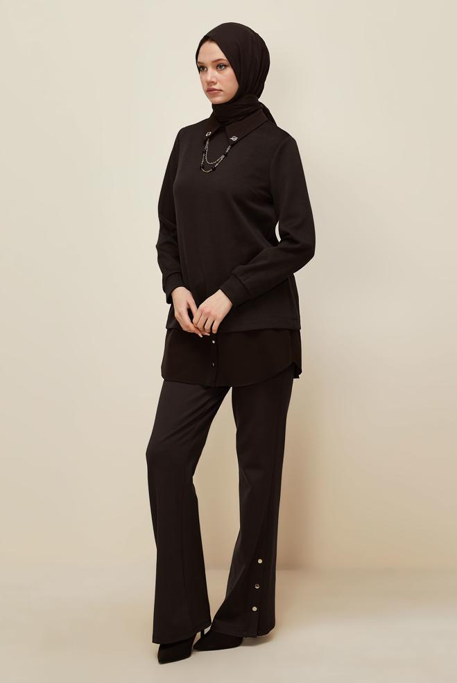 Tesettür giyim KAHVE ZİNCİR DETAYLI TUNİK 46158 - ALVİNA