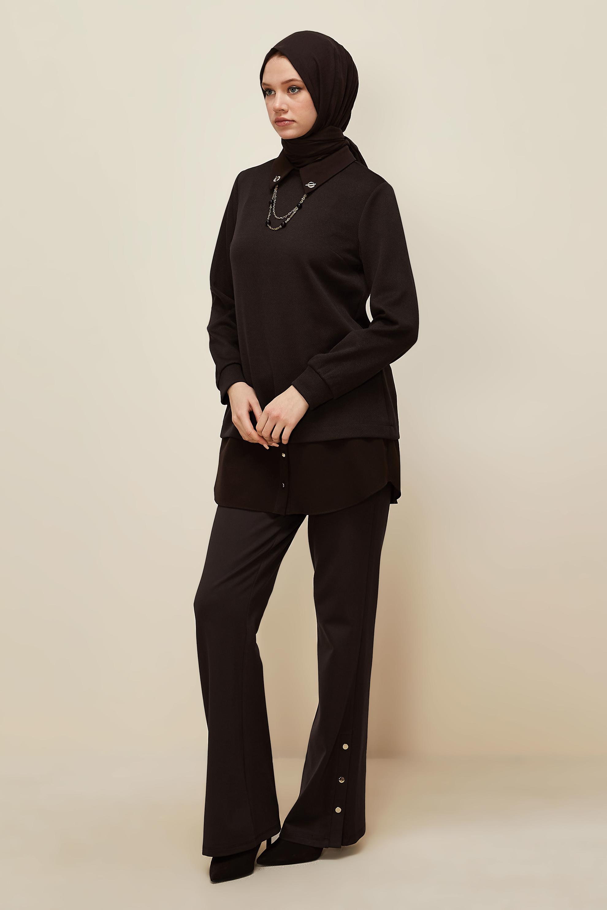 Tesettür giyim KAHVE ZİNCİR DETAYLI TUNİK 46158