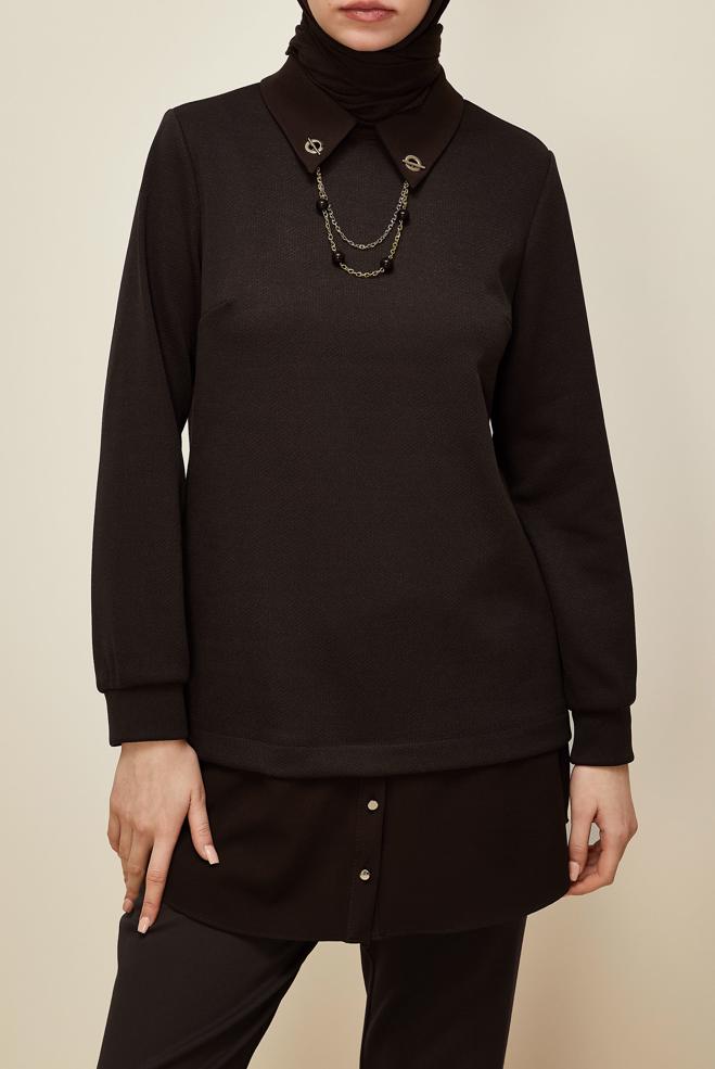 Tesettür giyim KAHVE ZİNCİR DETAYLI TUNİK 46158 - ALVİNA