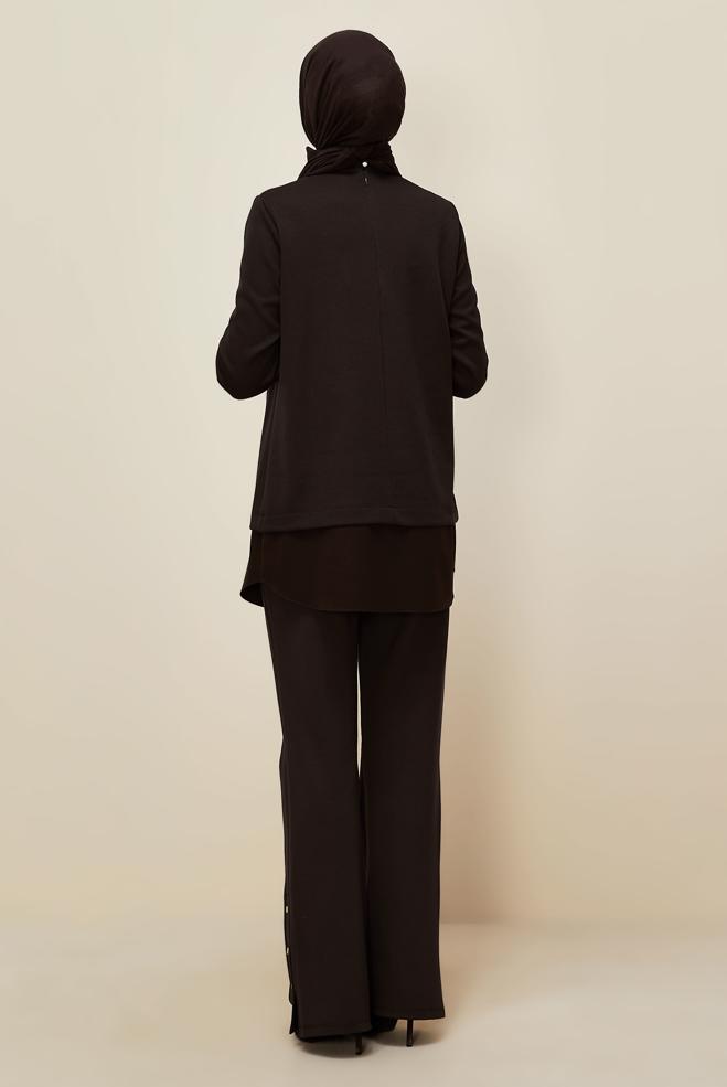 Tesettür giyim KAHVE ZİNCİR DETAYLI TUNİK 46158 - ALVİNA