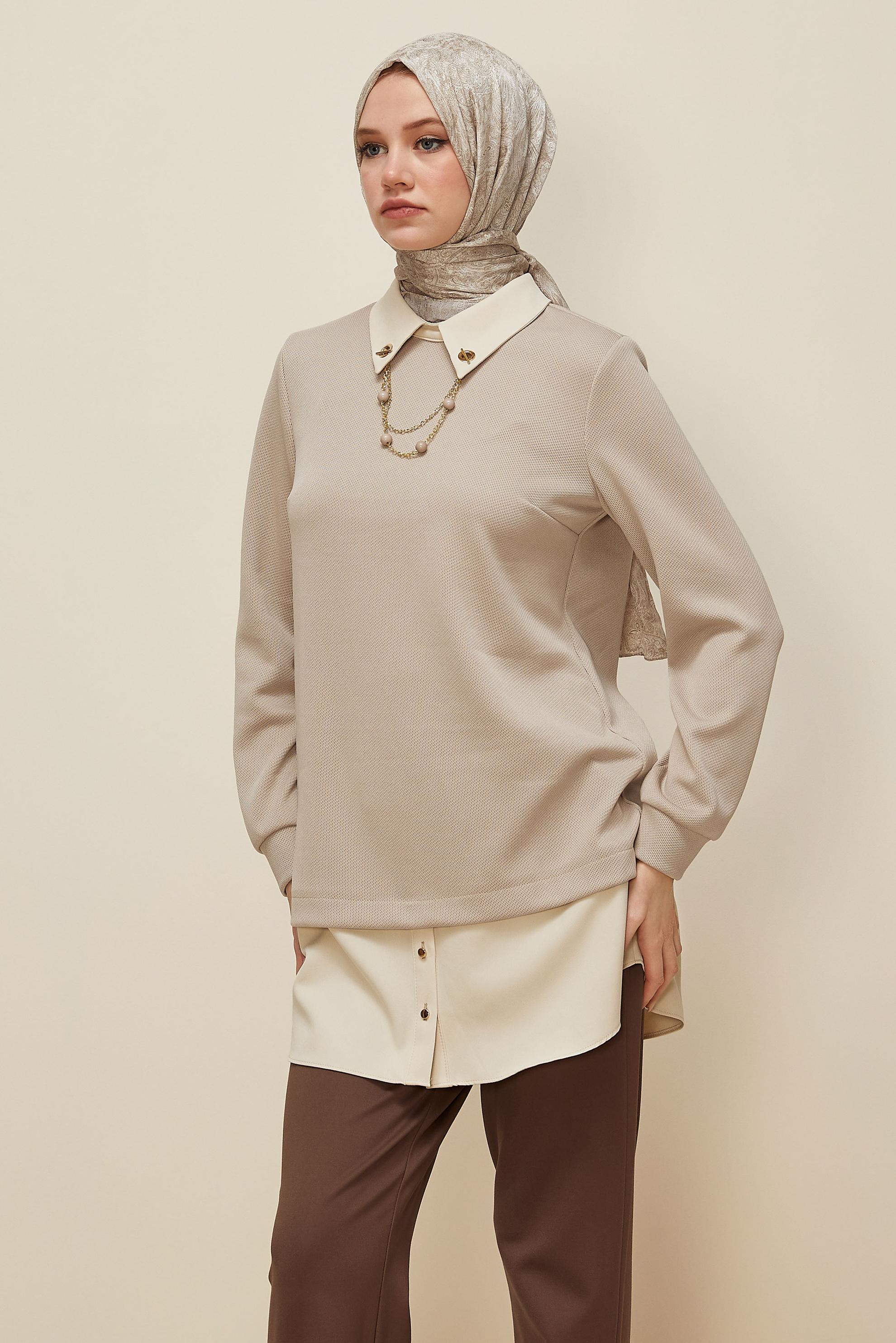 Tesettür giyim BEJ ZİNCİR DETAYLI TUNİK 46158