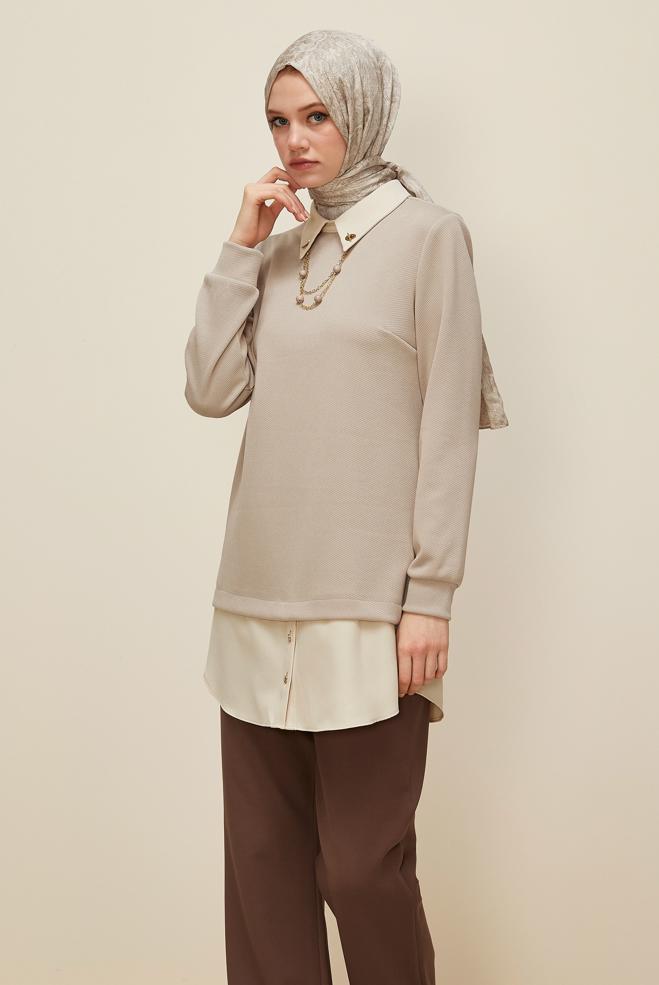 Tesettür giyim BEJ ZİNCİR DETAYLI TUNİK 46158 - ALVİNA