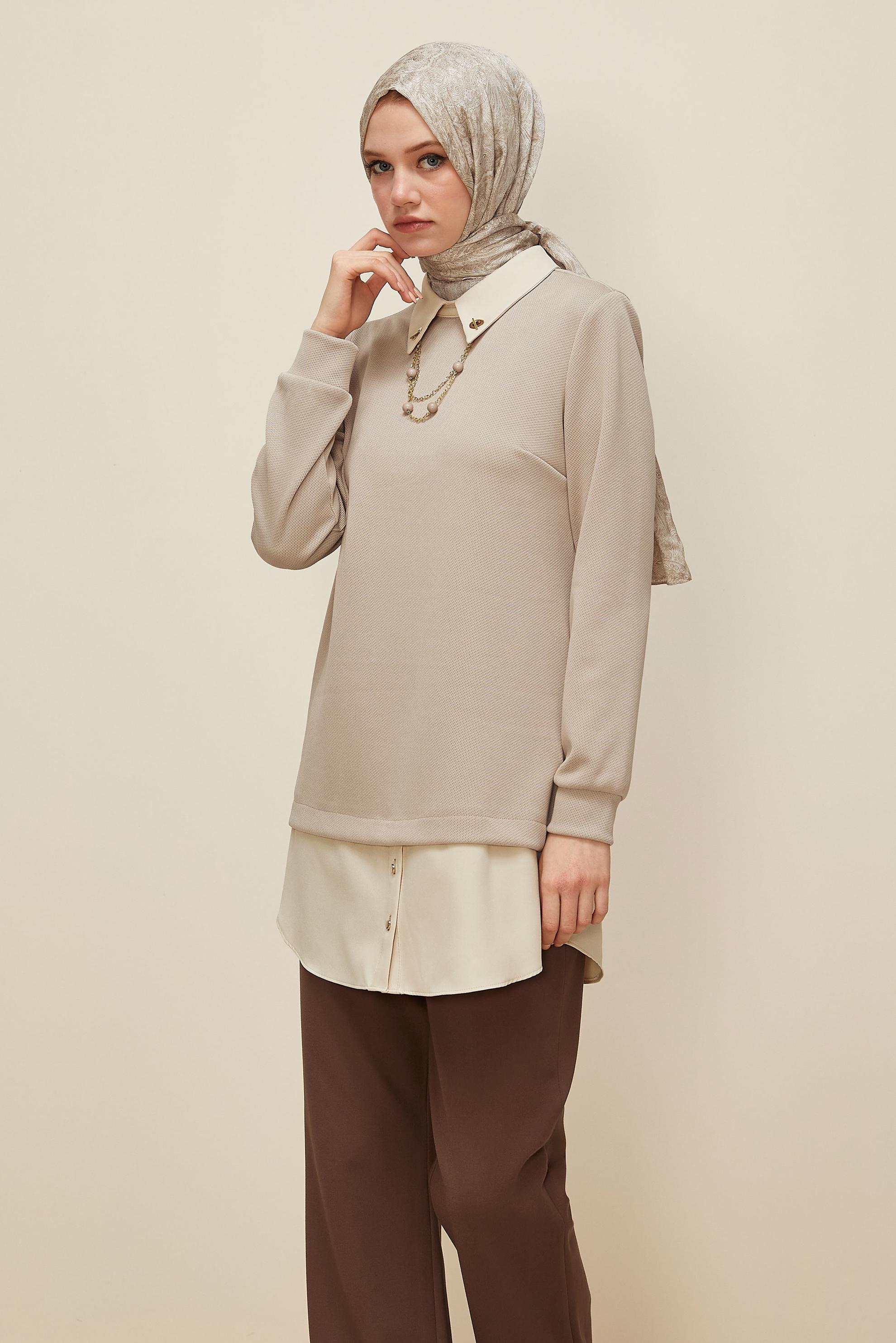 Tesettür giyim BEJ ZİNCİR DETAYLI TUNİK 46158