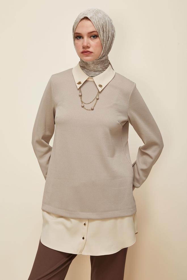 Tesettür giyim BEJ ZİNCİR DETAYLI TUNİK 46158 - ALVİNA