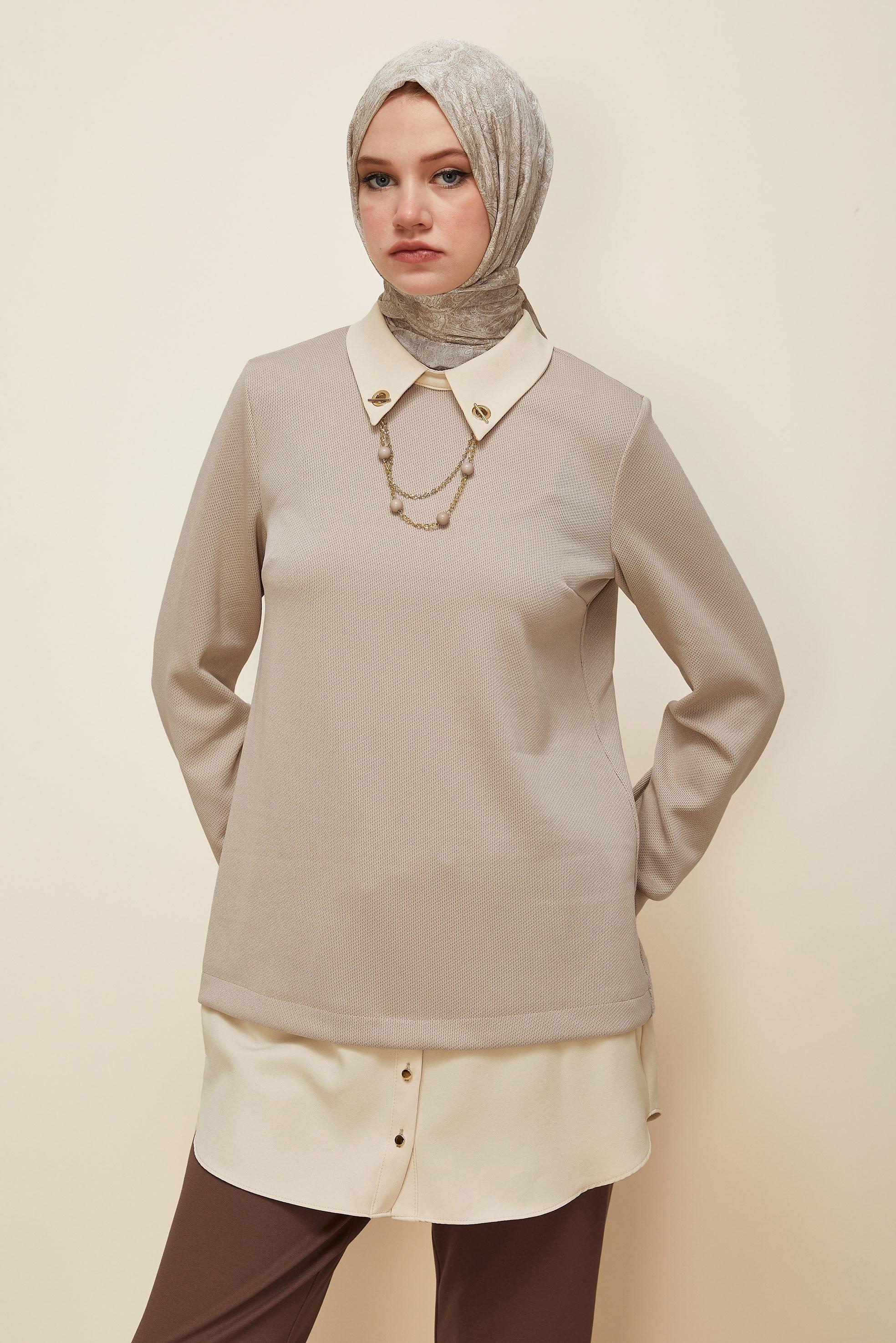 Tesettür giyim BEJ ZİNCİR DETAYLI TUNİK 46158