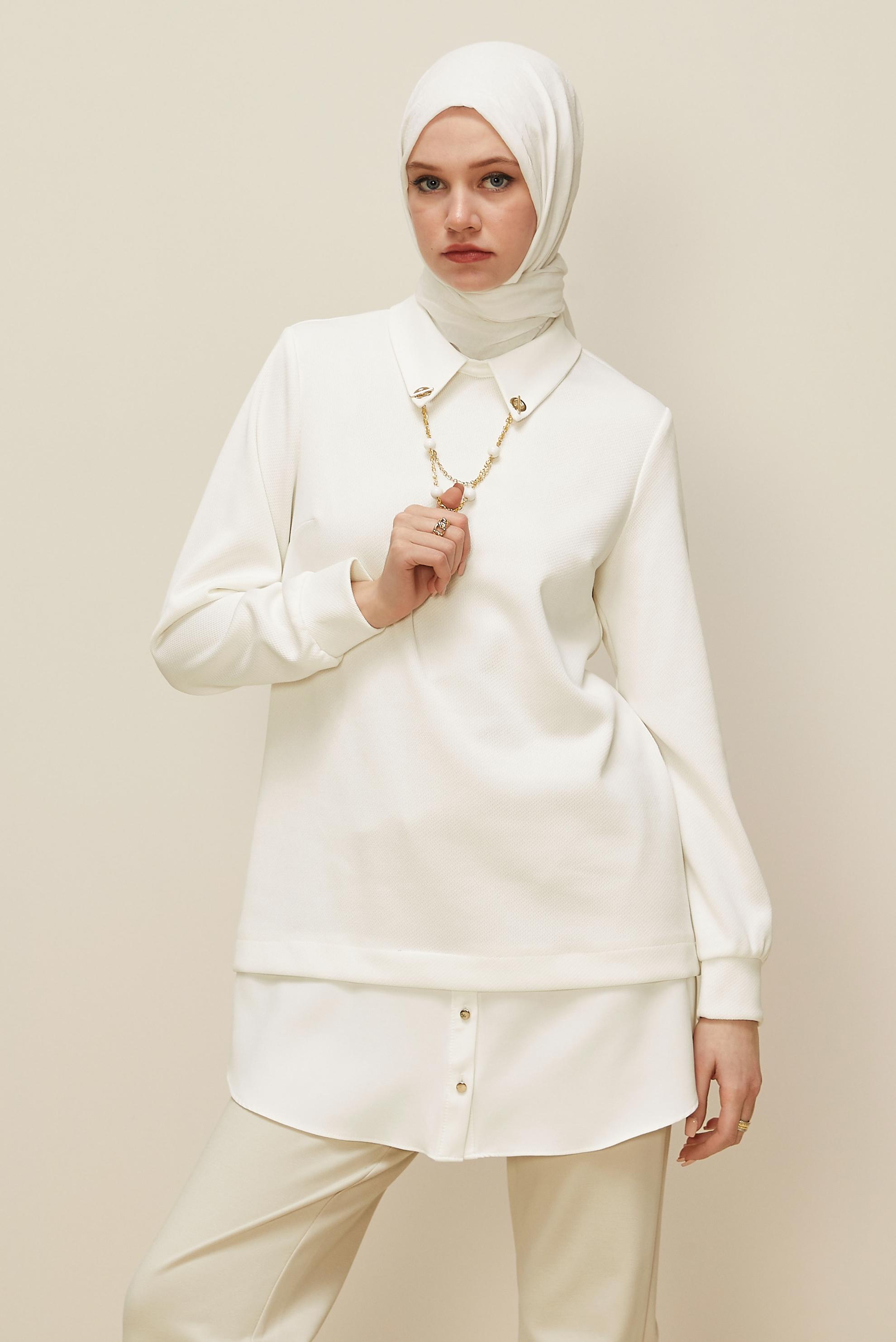 Tesettür giyim BEYAZ ZİNCİR DETAYLI TUNİK 46158