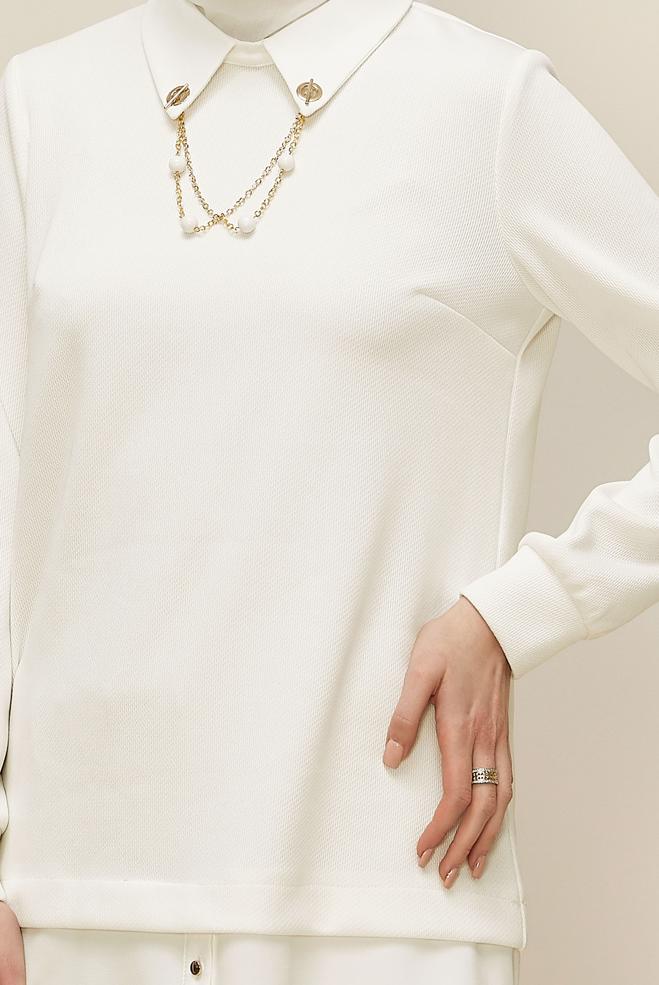 Tesettür giyim BEYAZ ZİNCİR DETAYLI TUNİK 46158 - ALVİNA