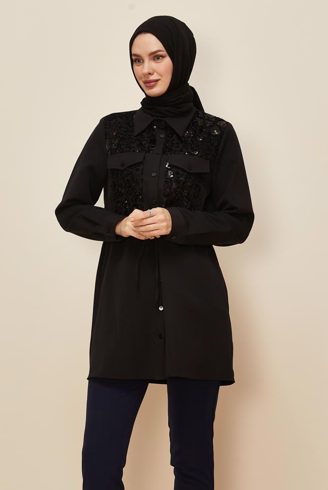 Hijab clothing BLACK SHIRT COLLAR TUNIC 46161 - ALVİNA