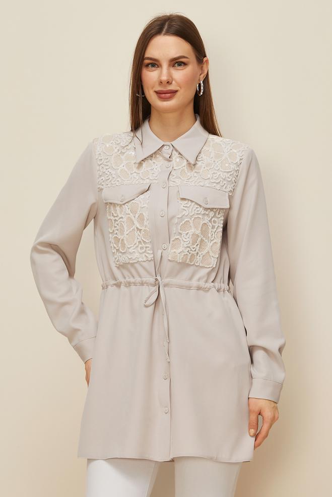 Hijab clothing ECRU SHIRT COLLAR TUNIC 46161 - ALVİNA
