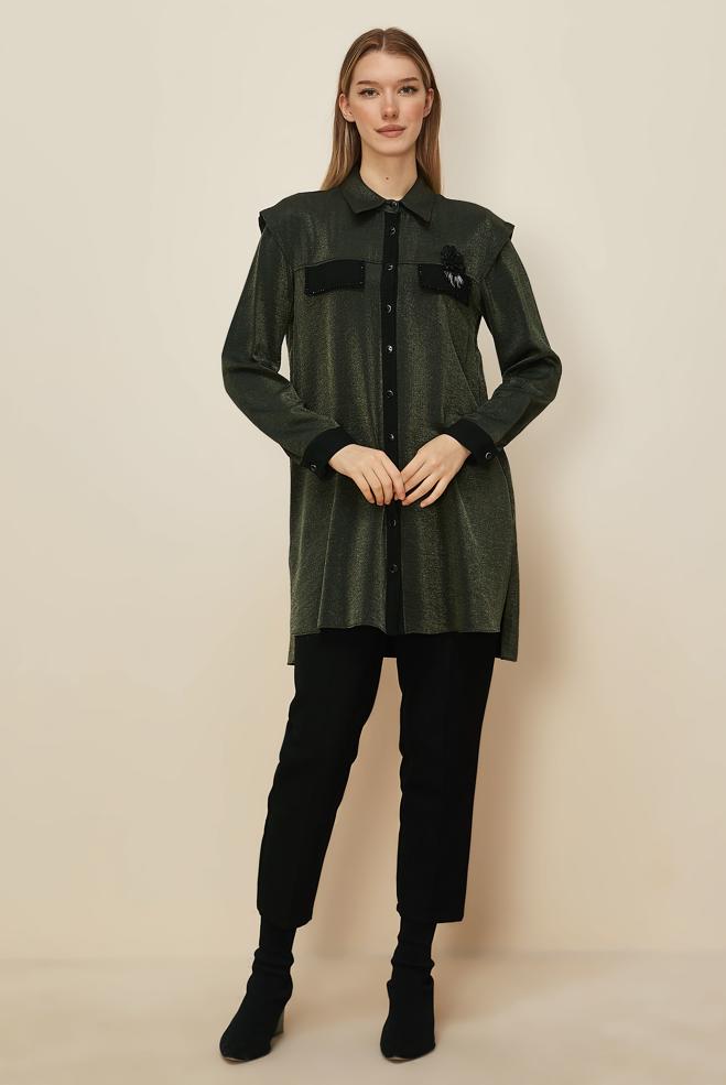 Hijab clothing KHAKI  BROOCH DETAILED SHIRT TUNIC 46166 - ALVİNA